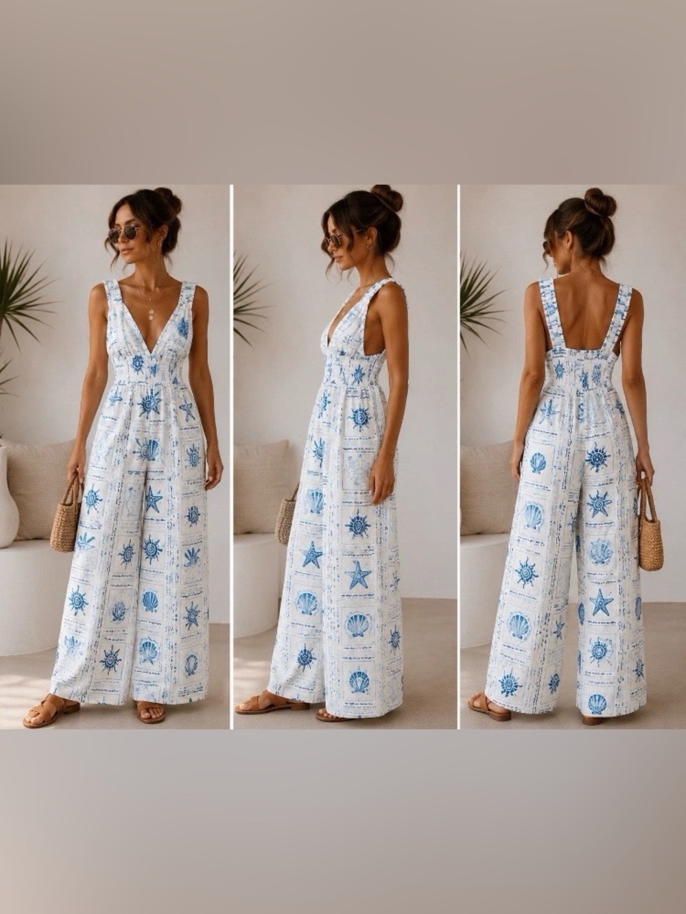 Ocean Drive Boho Beach Wide Leg Jumpsuit White Blue Print